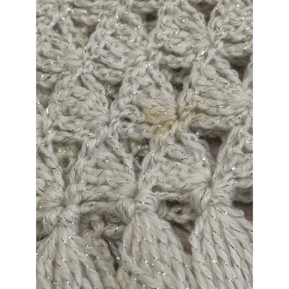Handmade Crochet Shawl Metallic Sparkle Ivory Fringe Boho Wrap - Picture 9 of 11